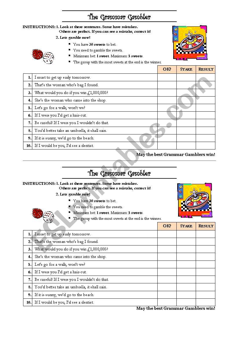 The Grammar Gambler # 1 worksheet