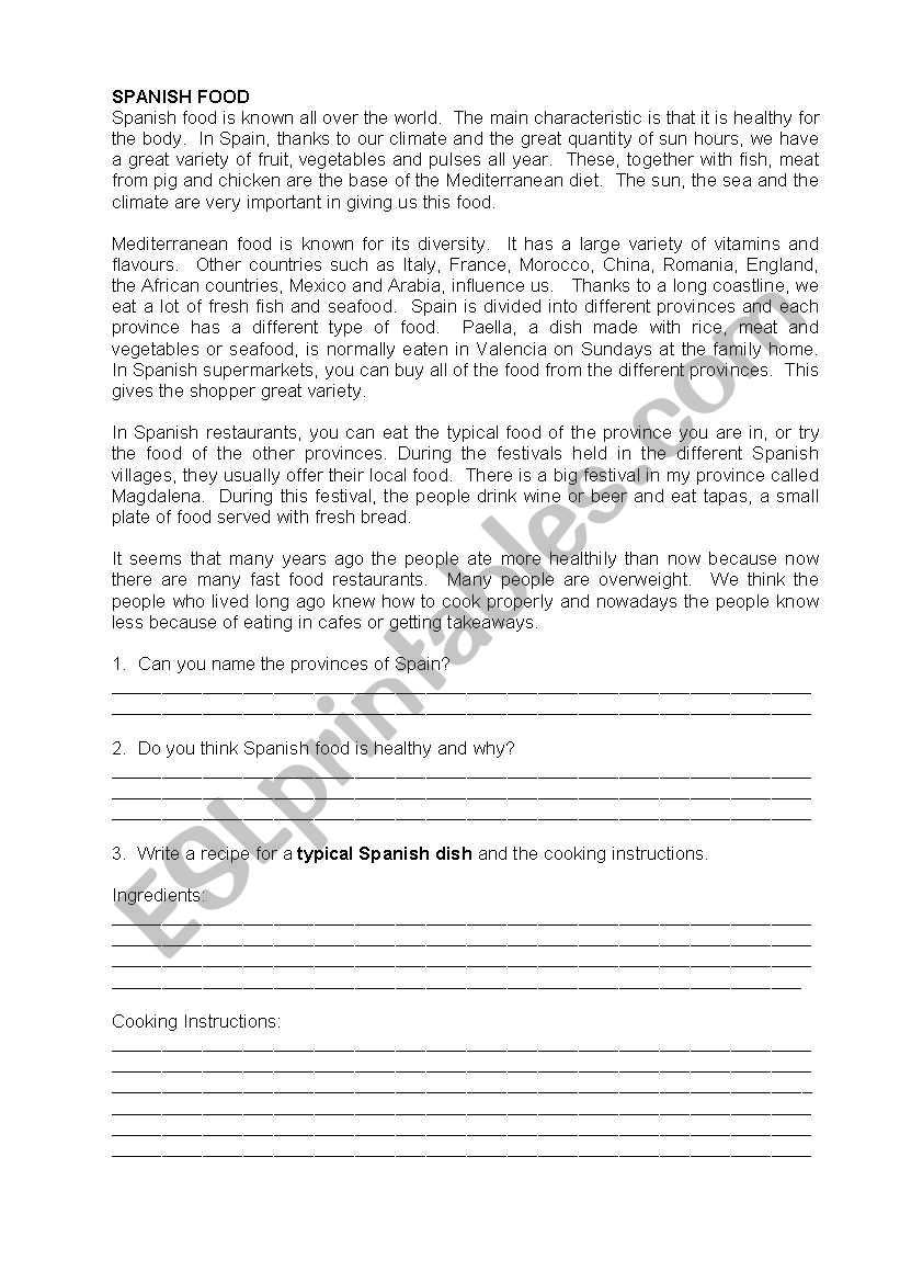 Spanish Food Worksheet worksheet