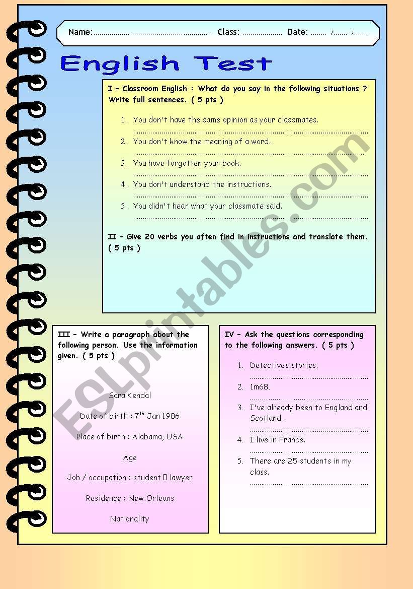 1st Test of the year ! worksheet