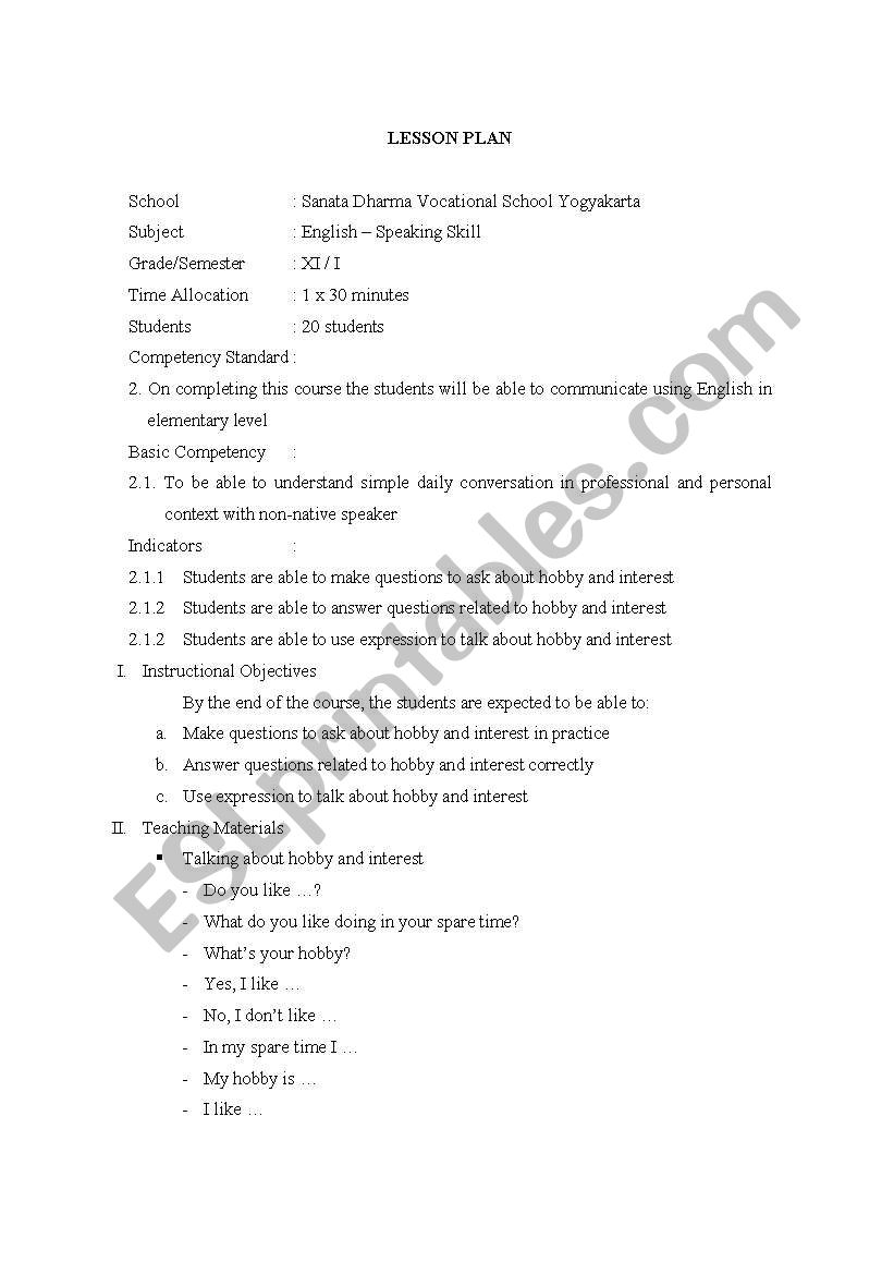 asking about hobby worksheet