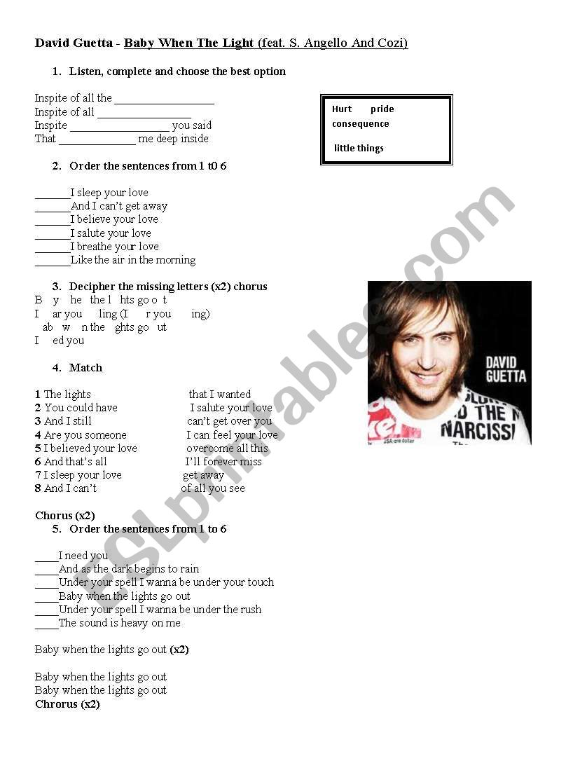 Baby when the lights. David Guetta - ESL worksheet REMYZE754