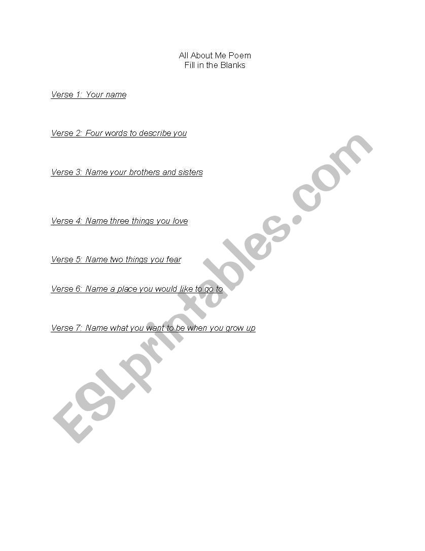 Fill in the blanks poem worksheet