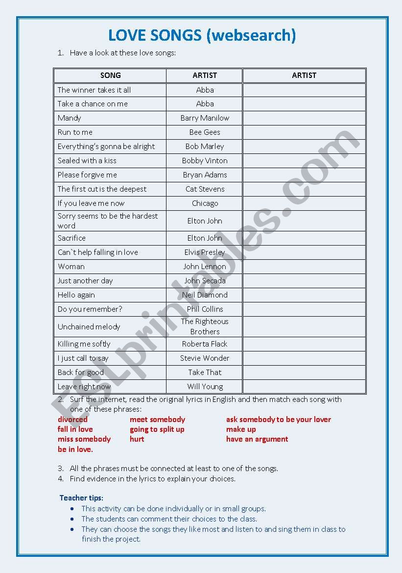 LOVE SONGS PROJECT worksheet