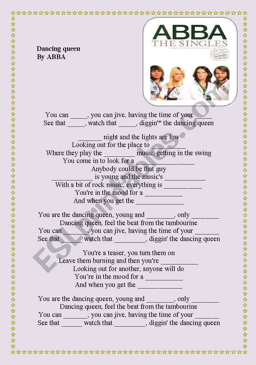 Dancing queen lyrics, ABBA worksheet