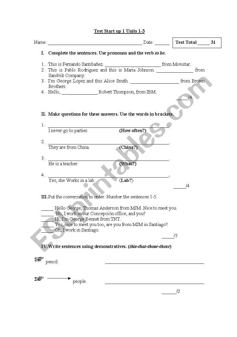 english start up 1 units 1-3 worksheet A