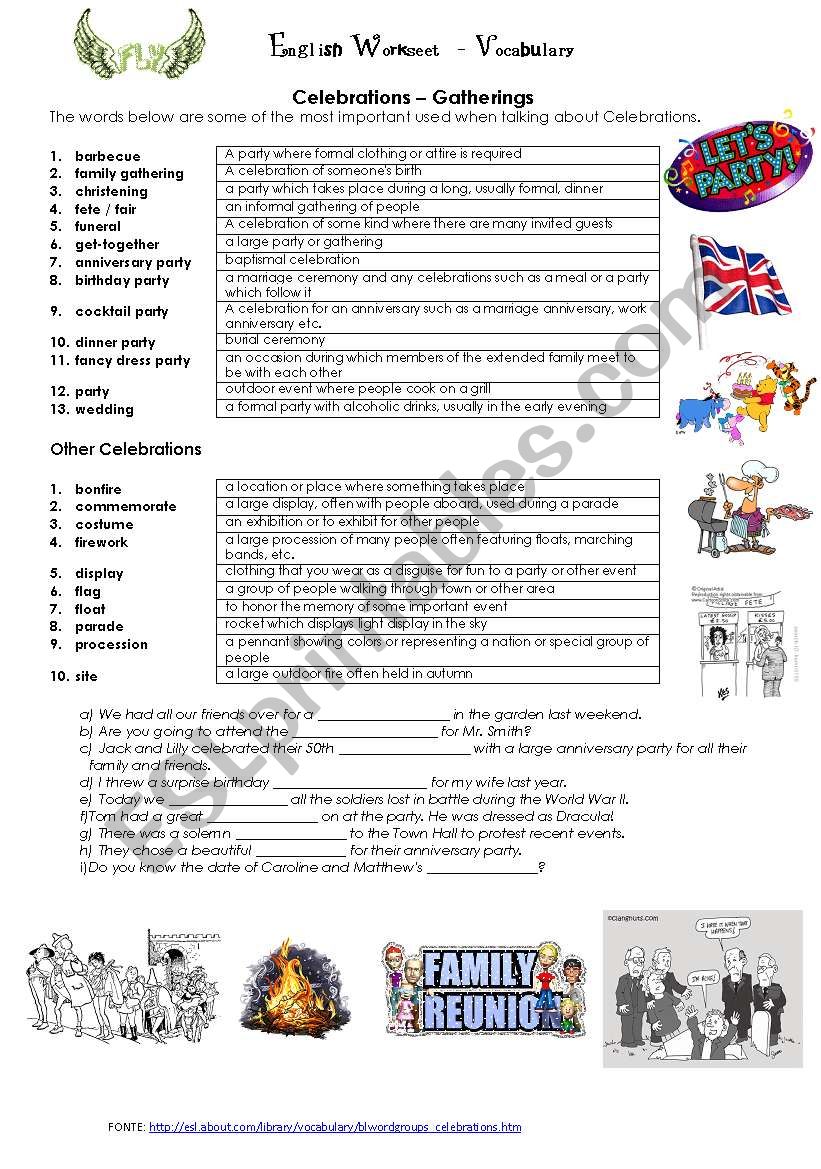 Celebrations - gatherings worksheet