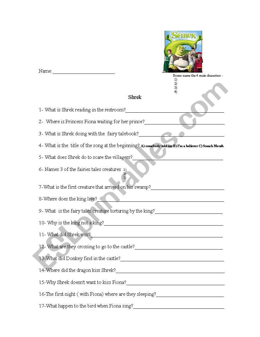 Shrek the movie worksheet