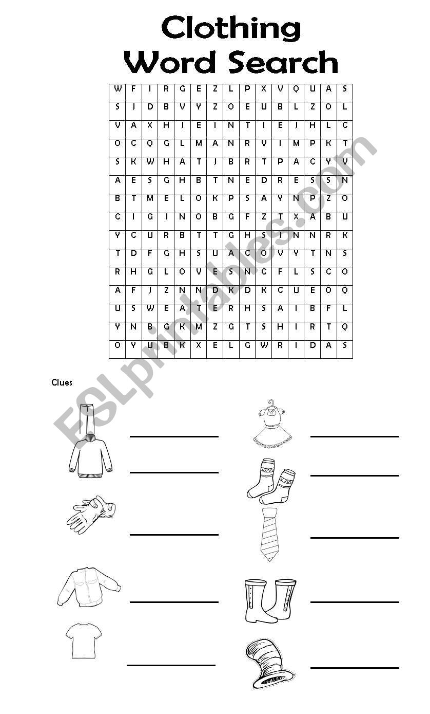 Clothing word search  worksheet