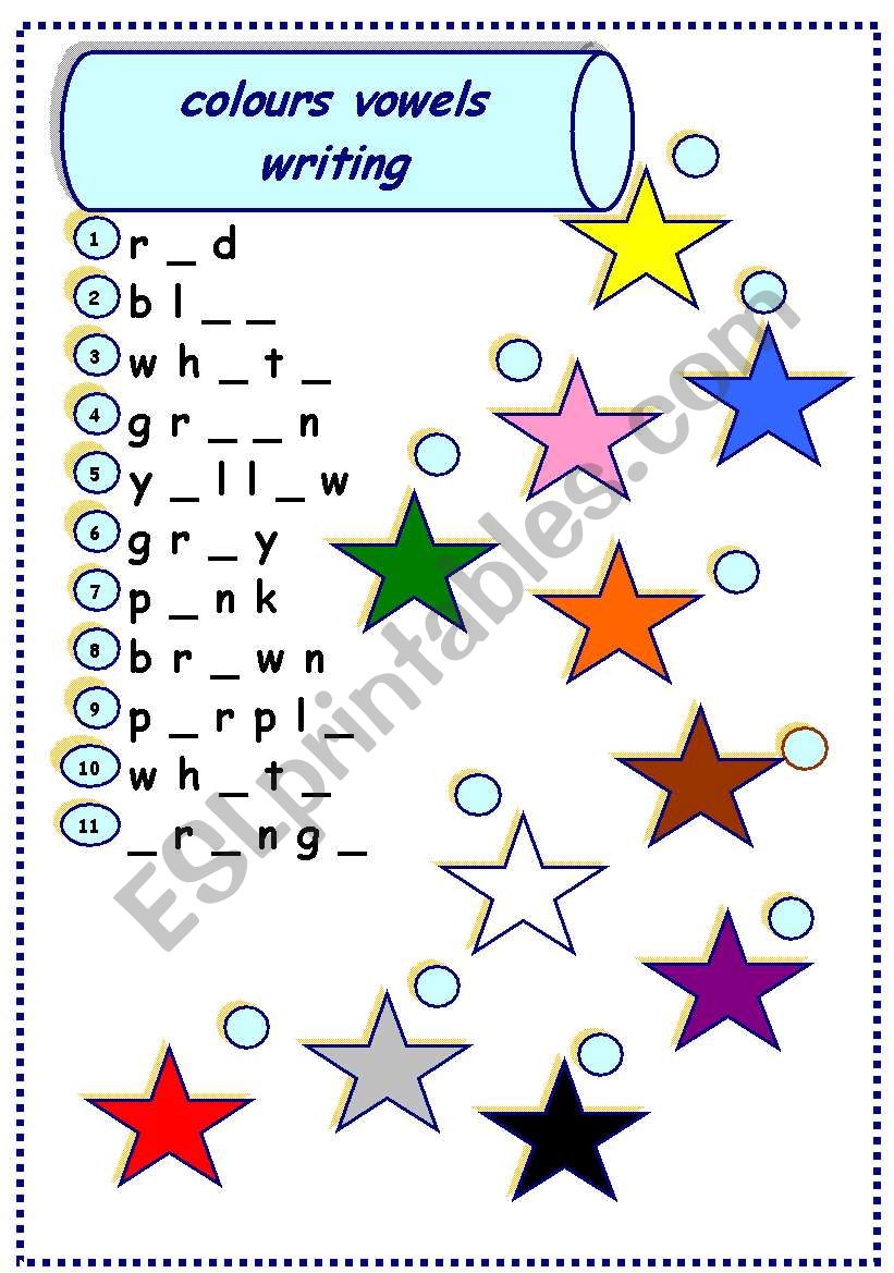 colours vowels writing worksheet