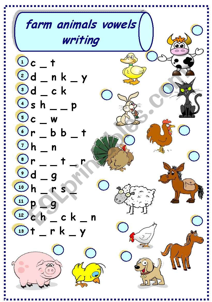 farm animals vowels writing - ESL worksheet by esti1975