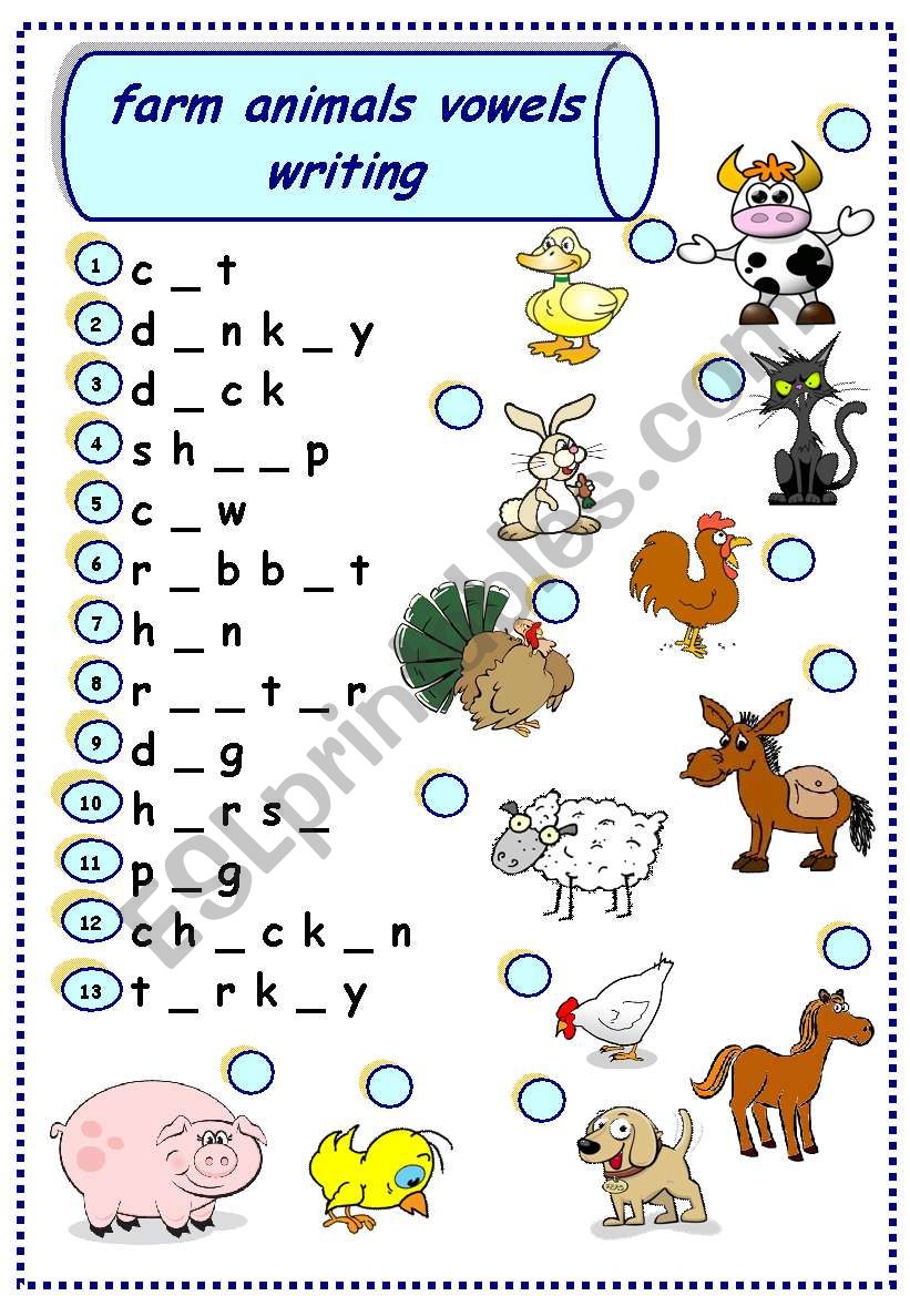 farm animals vowels writing worksheet