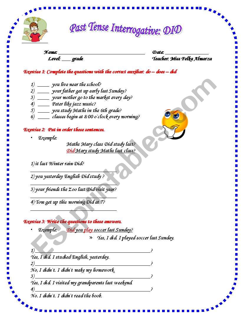 past tense interrogative DID worksheet