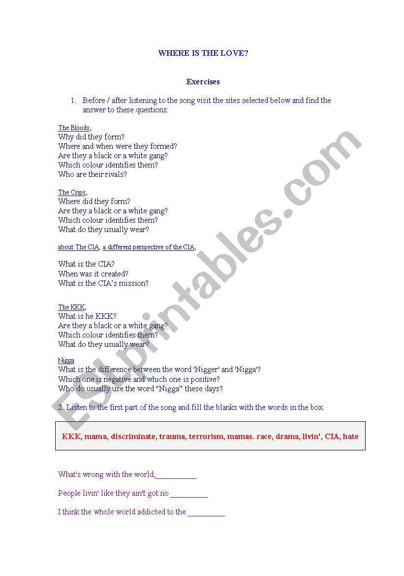 Song - Wheres the love? worksheet