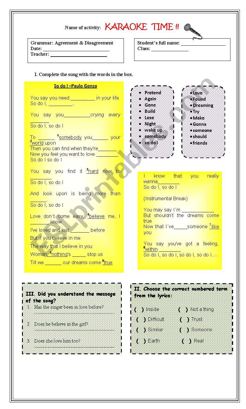 SO DO I song_Karaoke WS worksheet