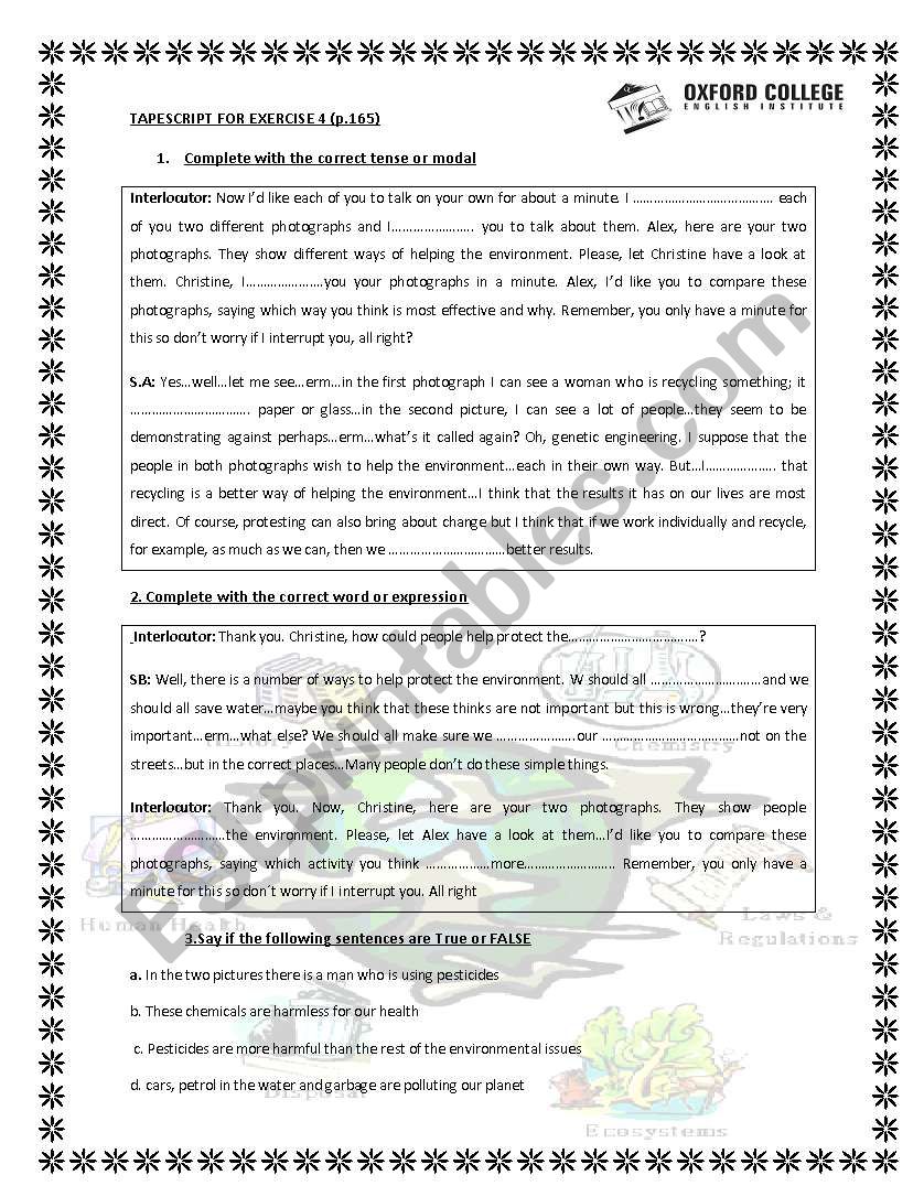 upstream unit 9-TAPESCRIPT FOR EXERCISE 4 (p.165)