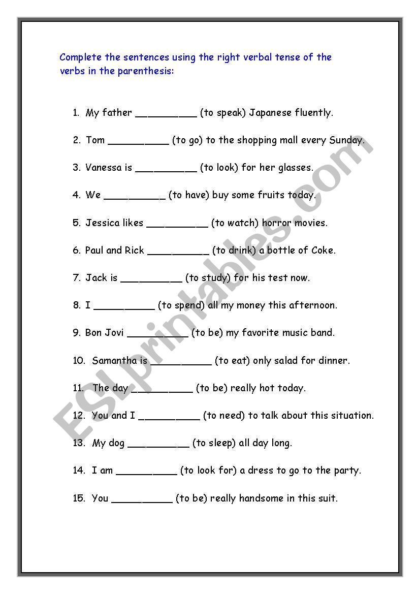 Complete the sentences worksheet