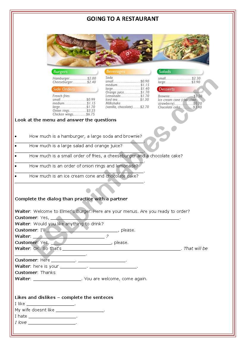 Menu worksheet