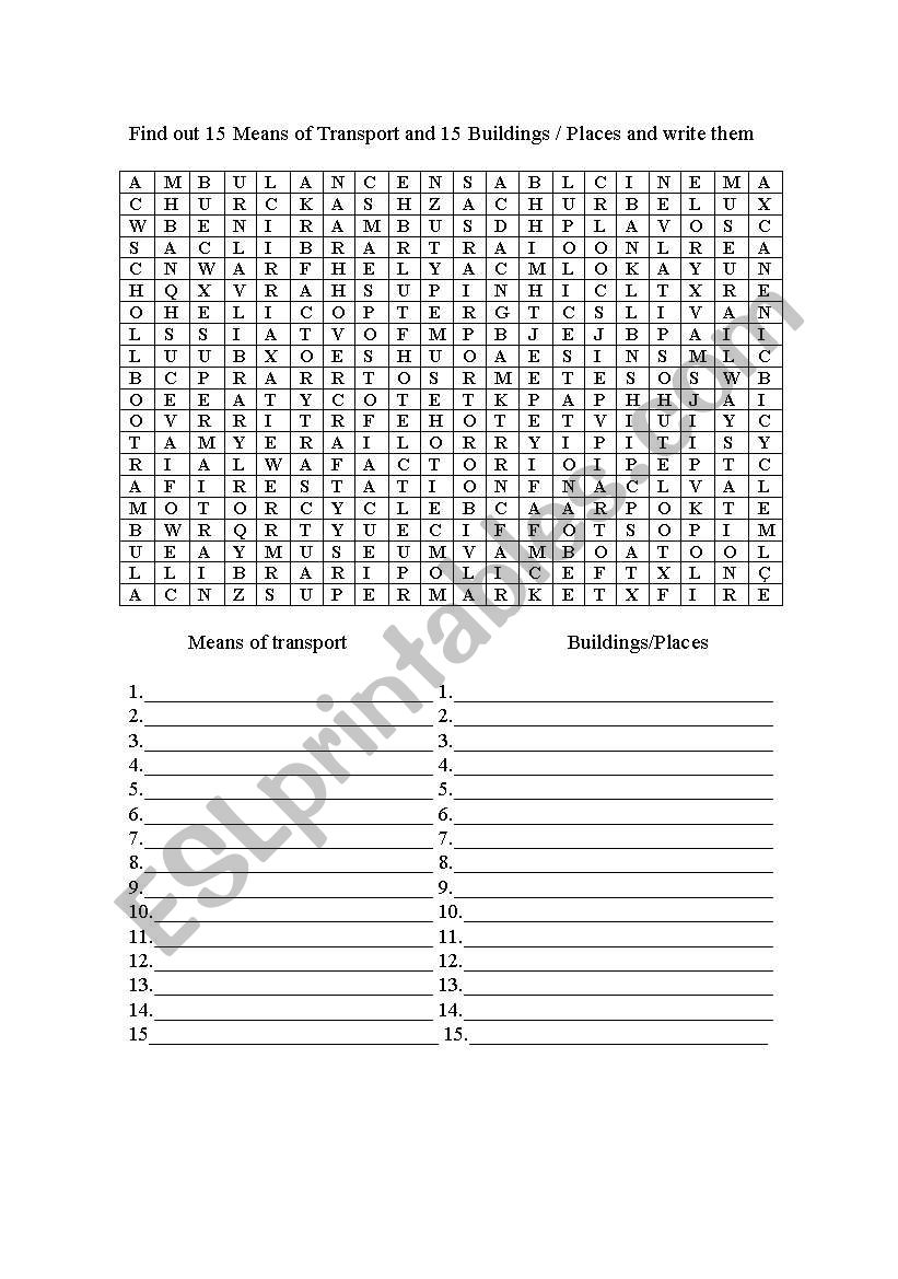 Transports/Places worksheet