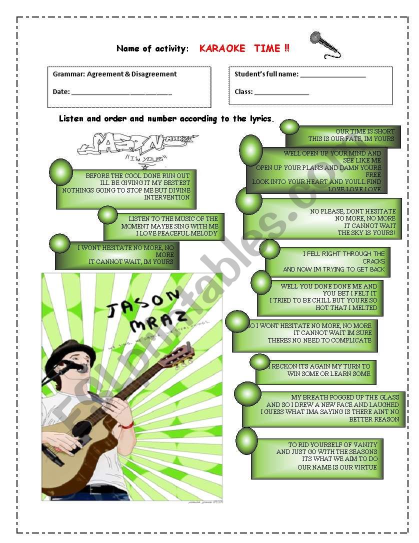 KARAOKE WORKSHEET_IM YOURS worksheet