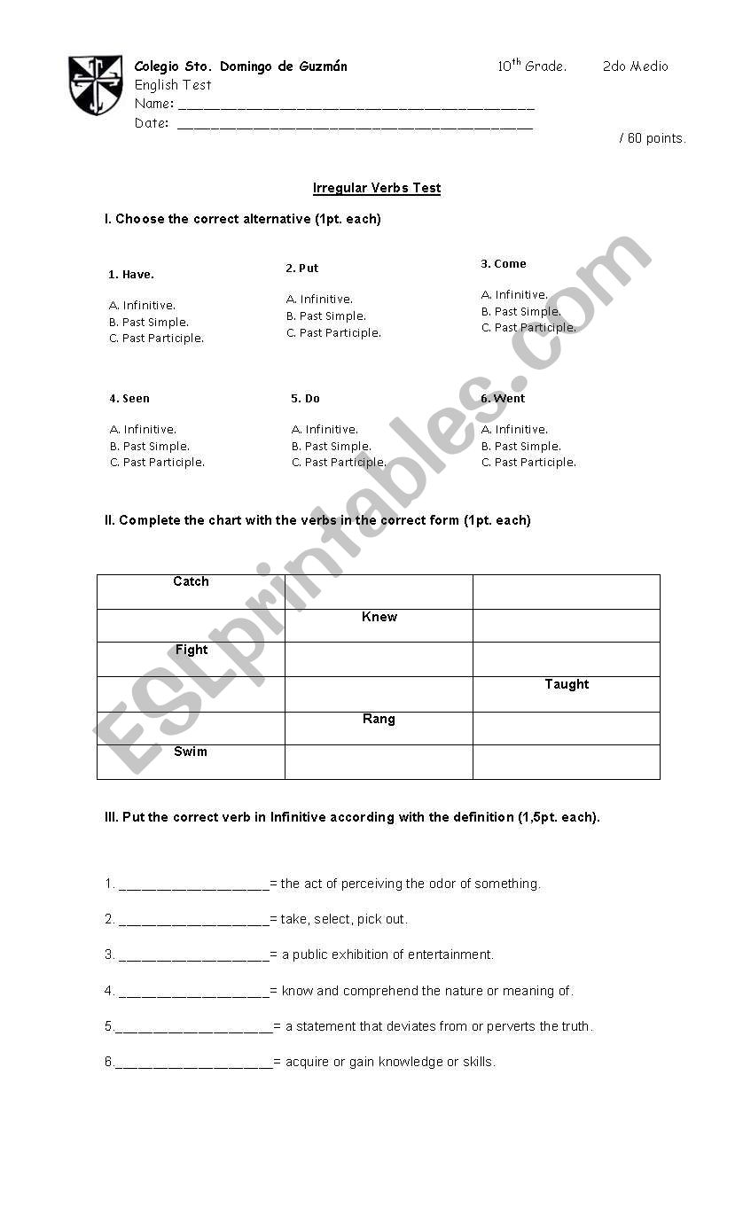 Verbs Test worksheet
