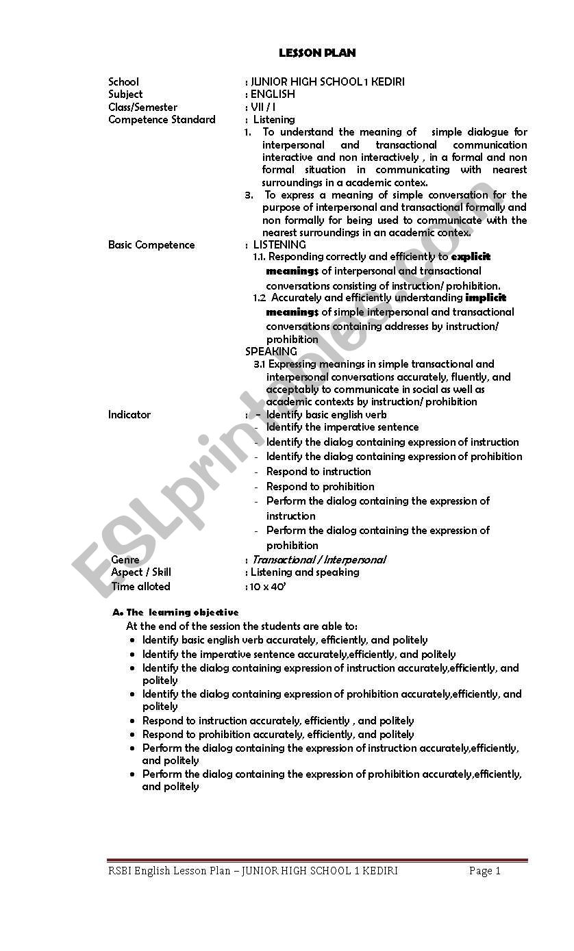 lLESSON PLAN OF RSBI JUNIOR HIGH SCHOOL
