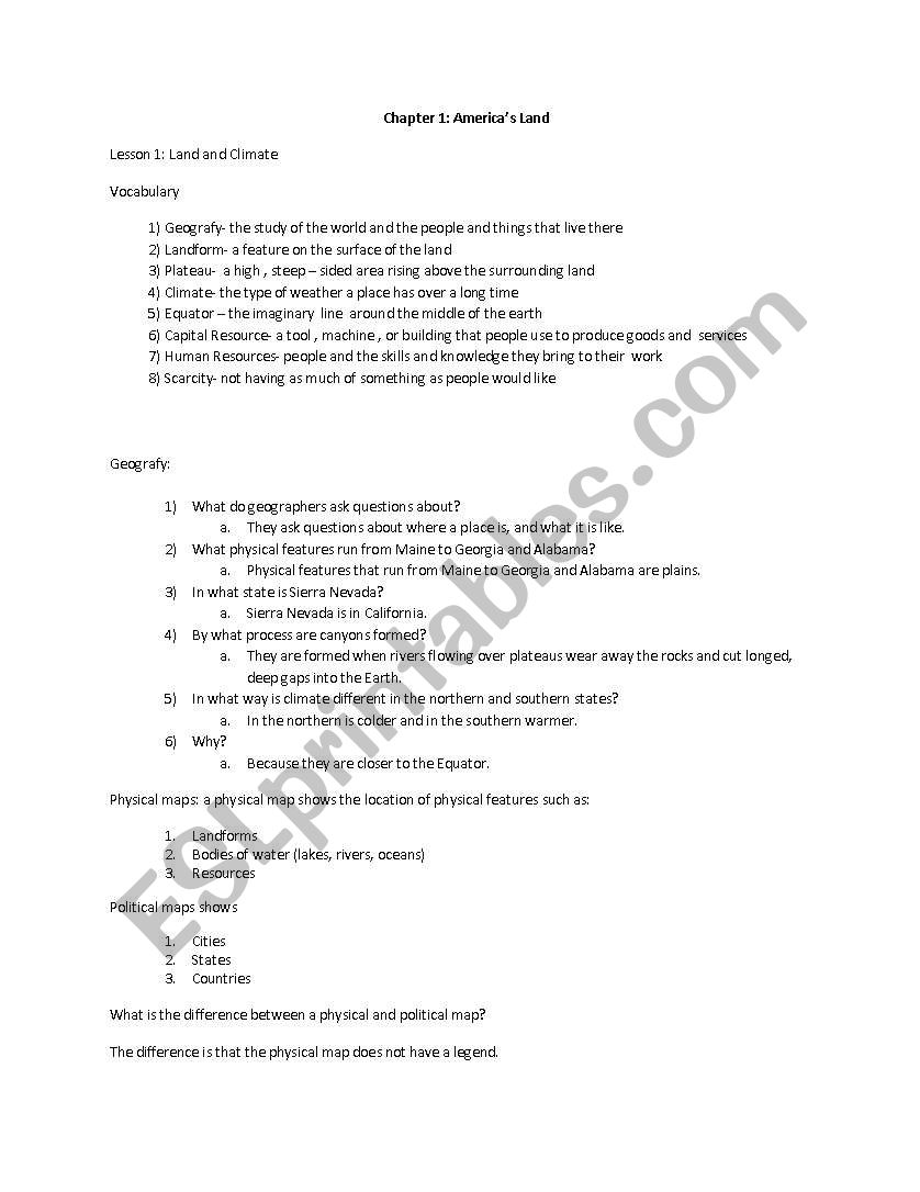 Chapter 1: Americas Land worksheet