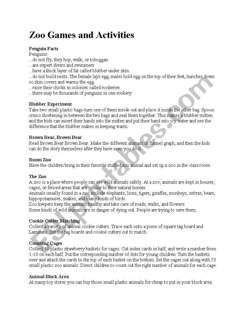 ZOO GAMES ACTIVITIES worksheet