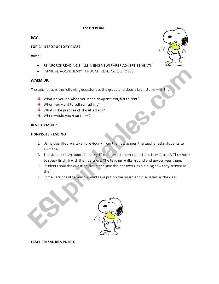INTRODUCTORY READING CLASS worksheet