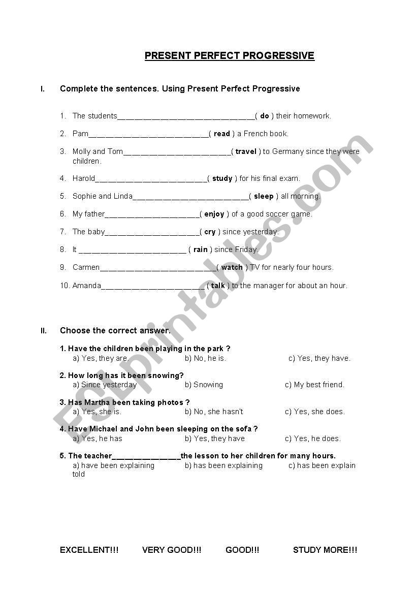 PERFECT PERFECT PROGRESSIVE worksheet