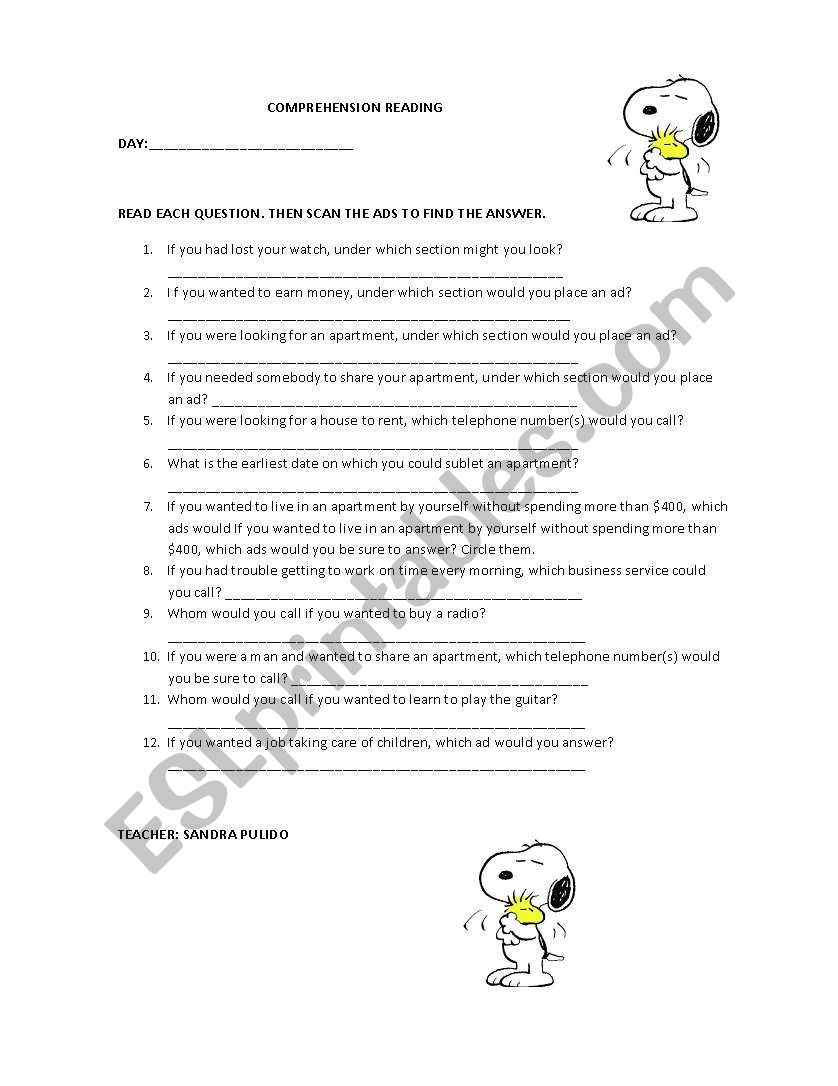 READING COMPREHENSION QUESTIONNAIRE