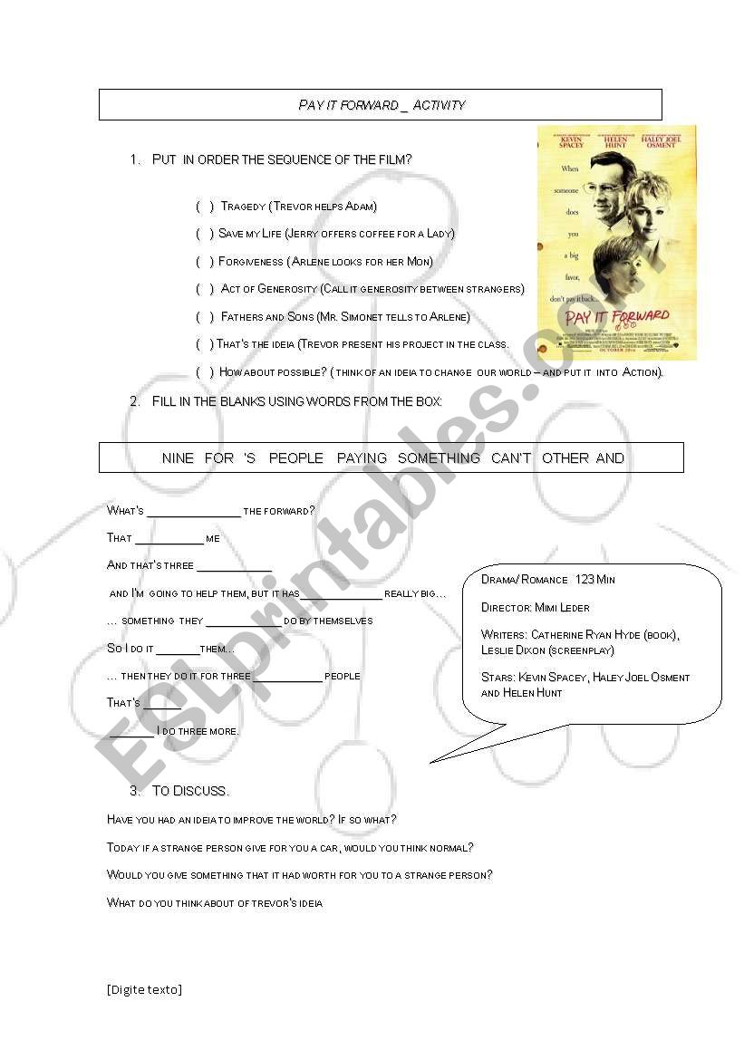 Pay it foward worksheet