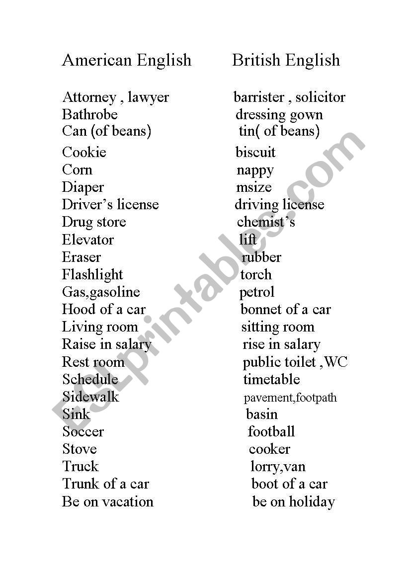 american/english worksheet