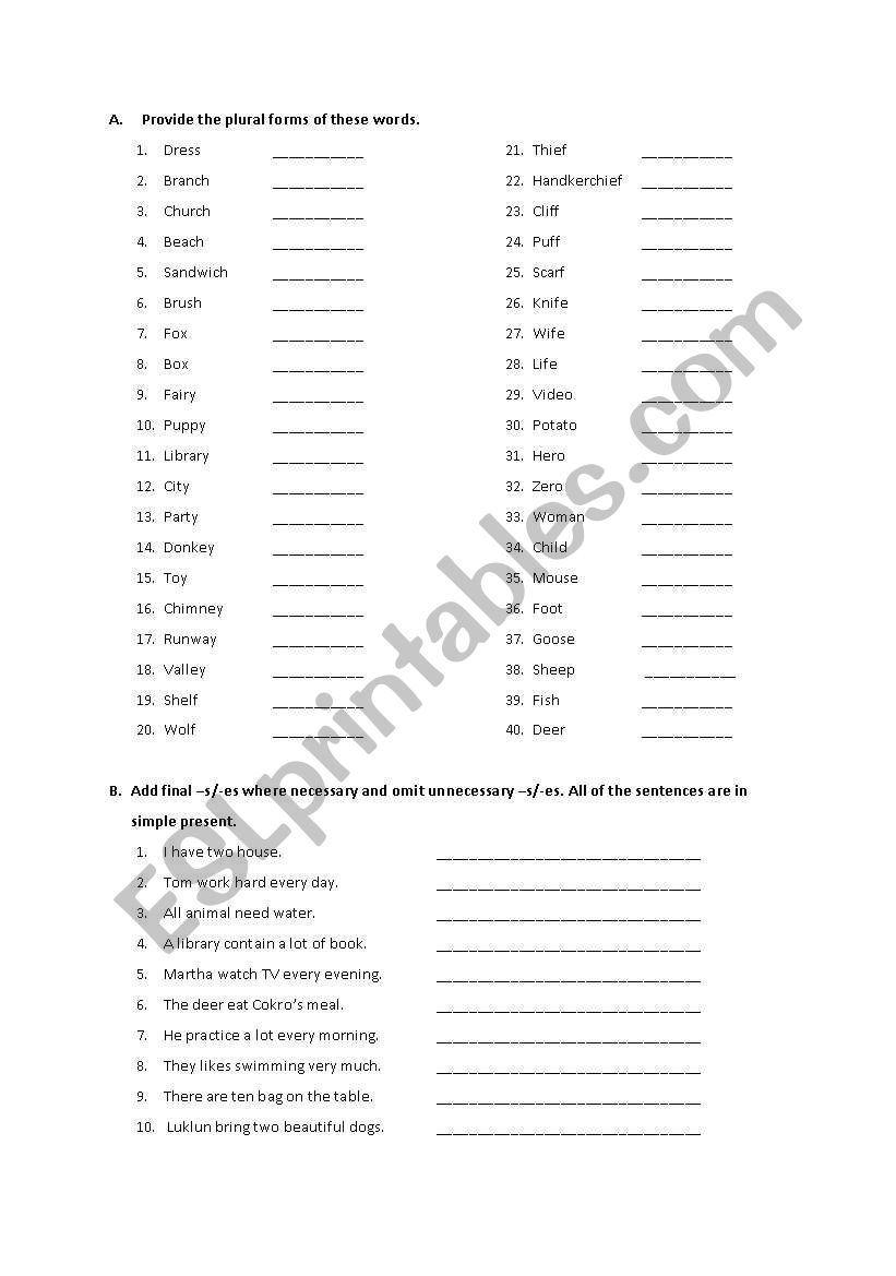 singular/plural worksheet