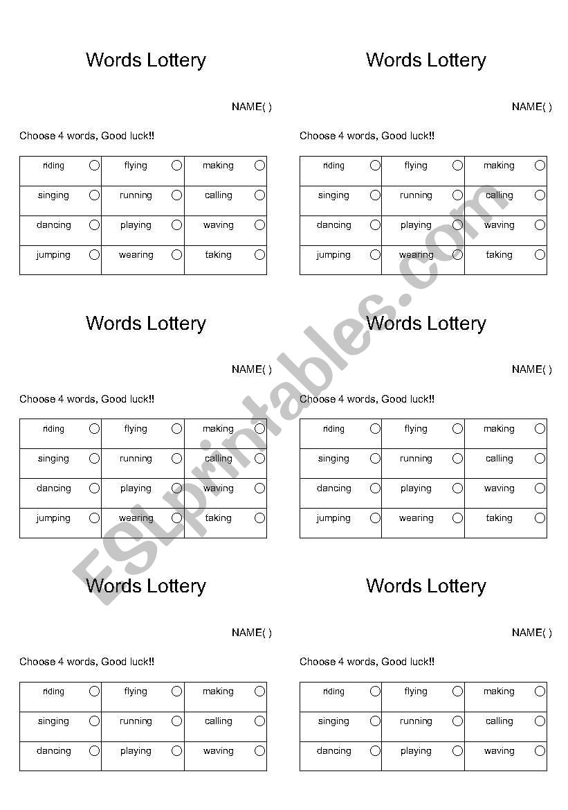 words lottery worksheet