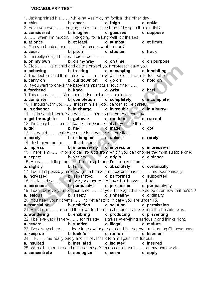 vocabulary test worksheet