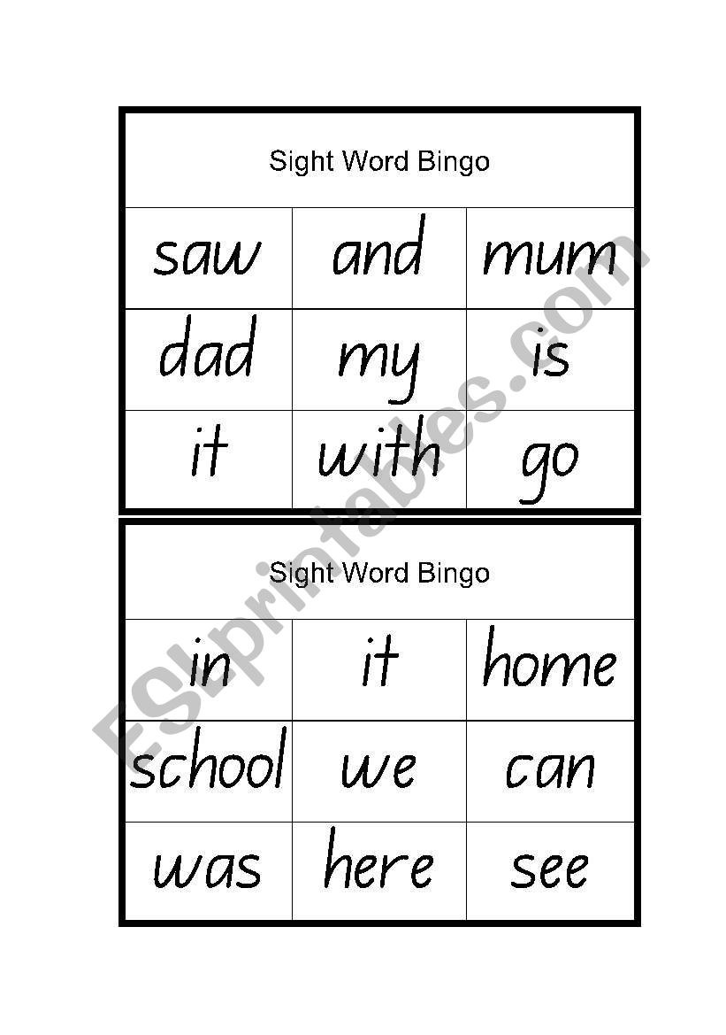Sight Word Bingo worksheet