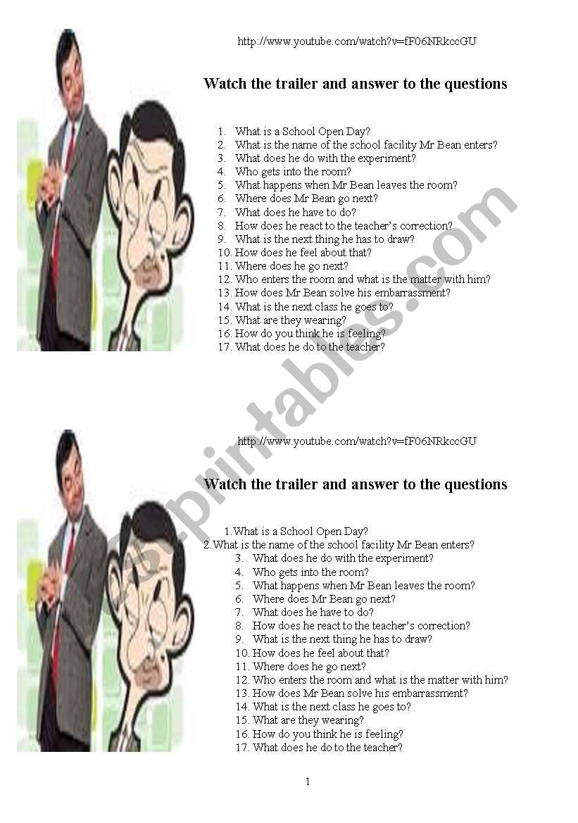 Mr Bean Back to school worksheet