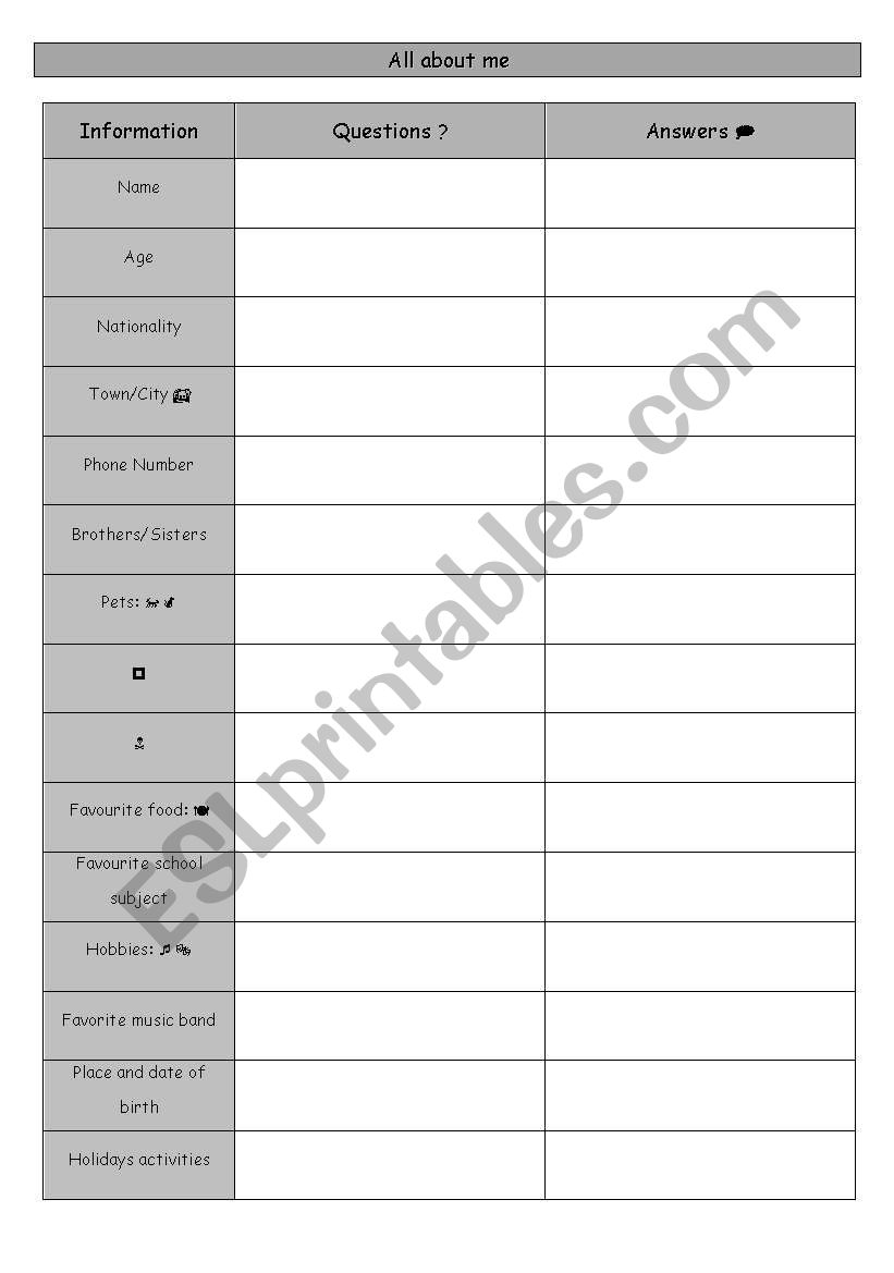 All about me worksheet