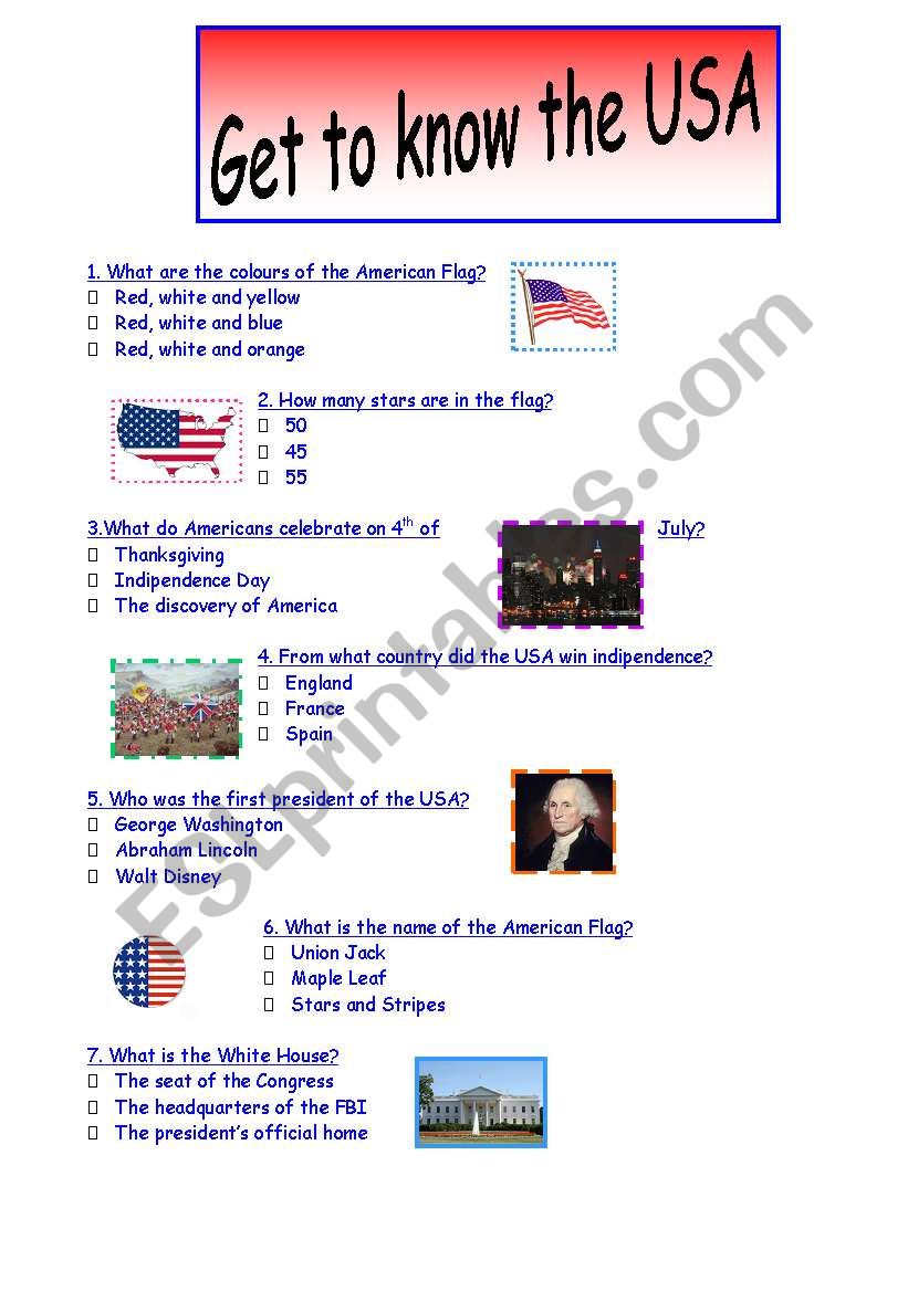 Quiz about the USA :-) worksheet