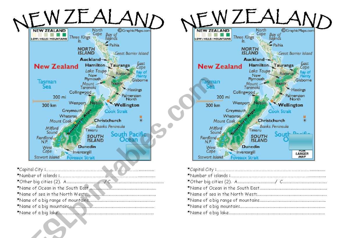 Map of New Zealand  worksheet