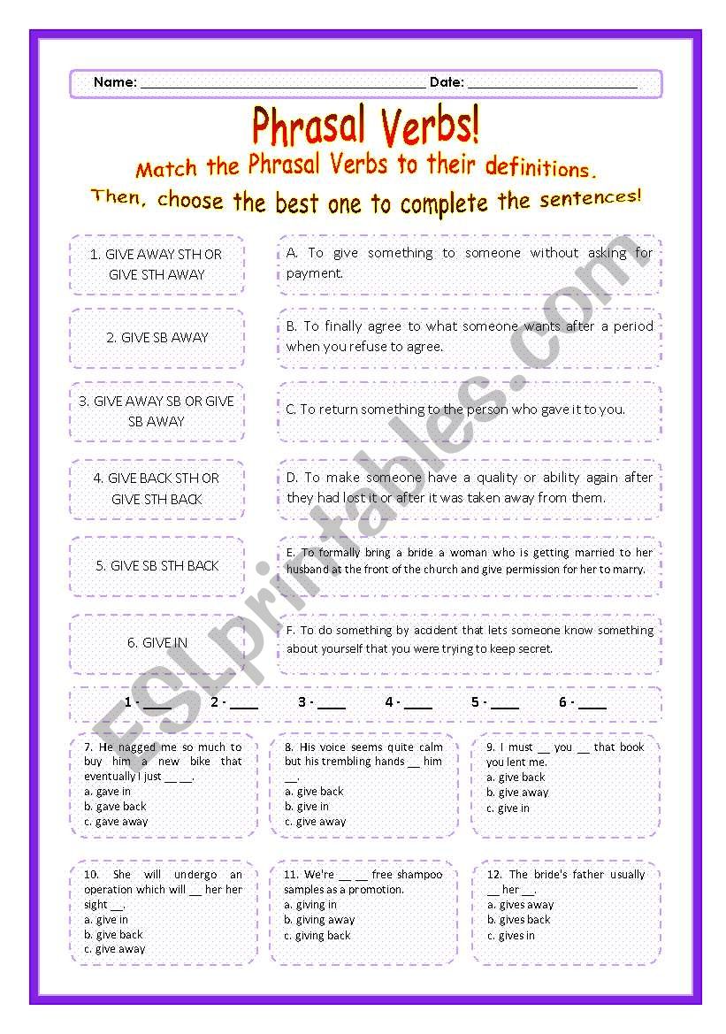 > Phrasal Verbs Practice 54! > --*-- Definitions + Exercise --*-- BW Included --*-- Fully Editable With Key!