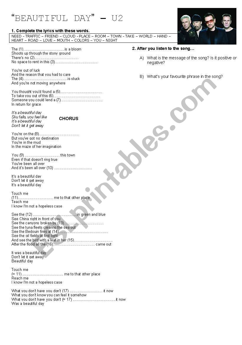 U2 - BEAUTIFUL DAY worksheet