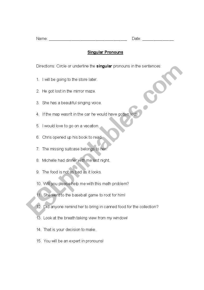 Singular Pronouns Worrksheet worksheet