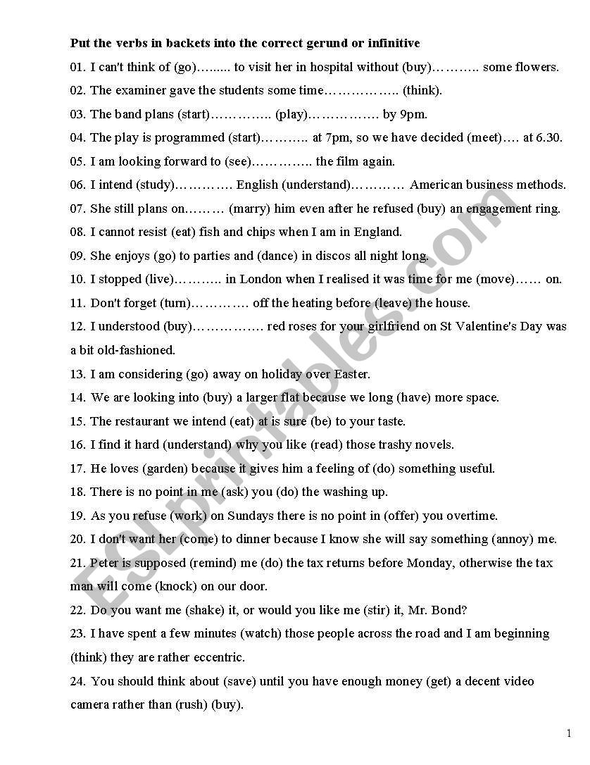 Gerunds and Infinitives worksheet