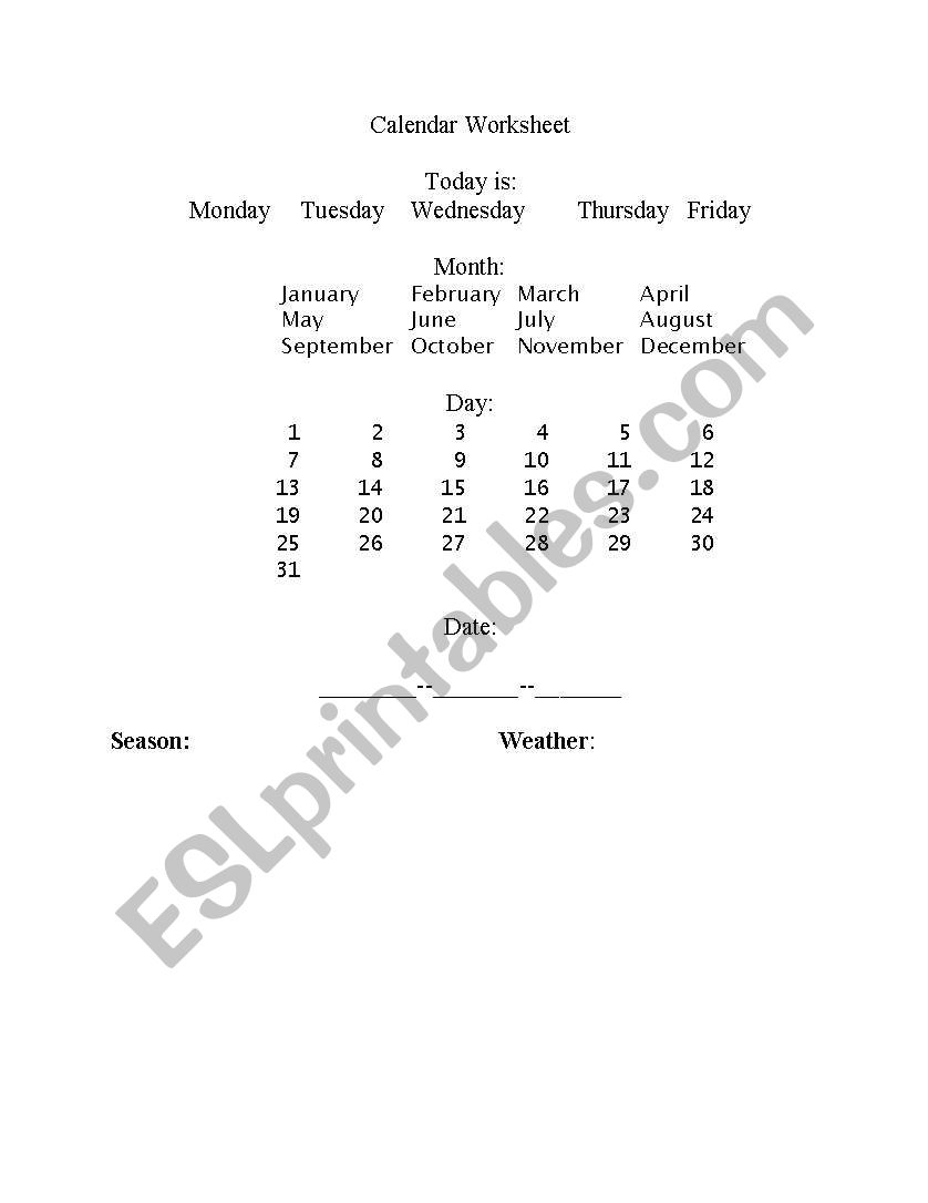 Calendar worksheet worksheet
