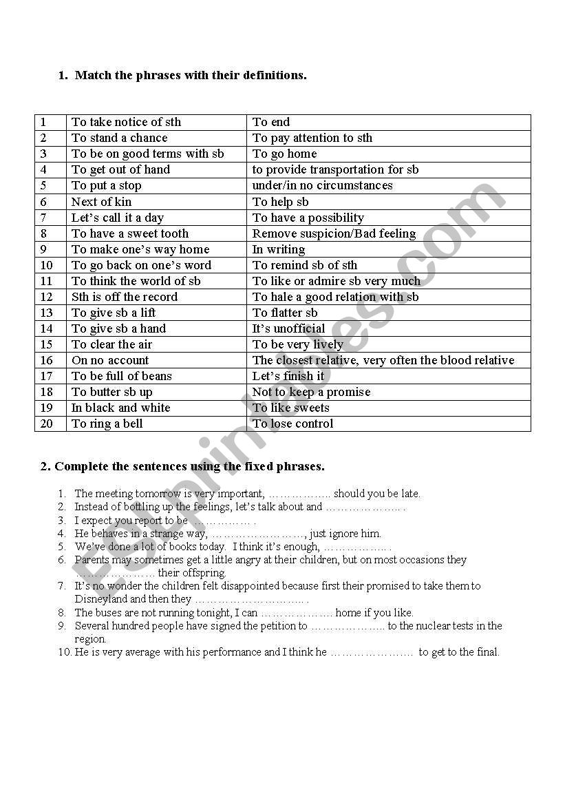 fixed expressions worksheet