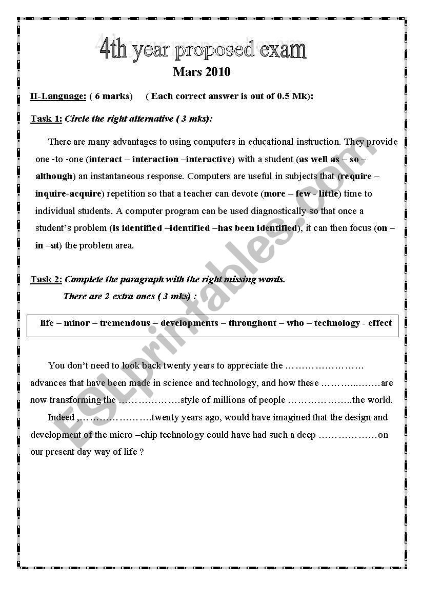 A 4th year proposed exam worksheet