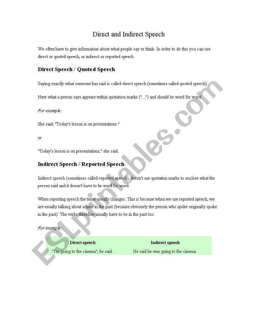 Direct and Indirect speech worksheet