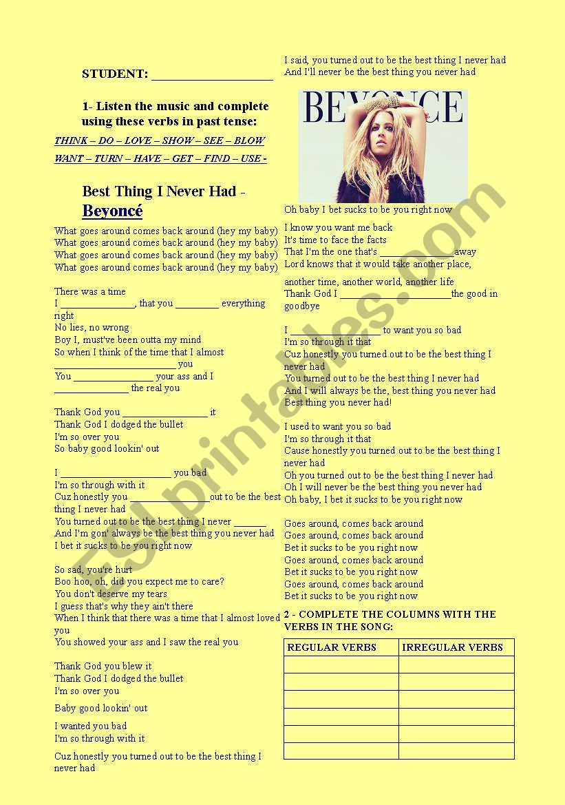 BEYONC SONG worksheet