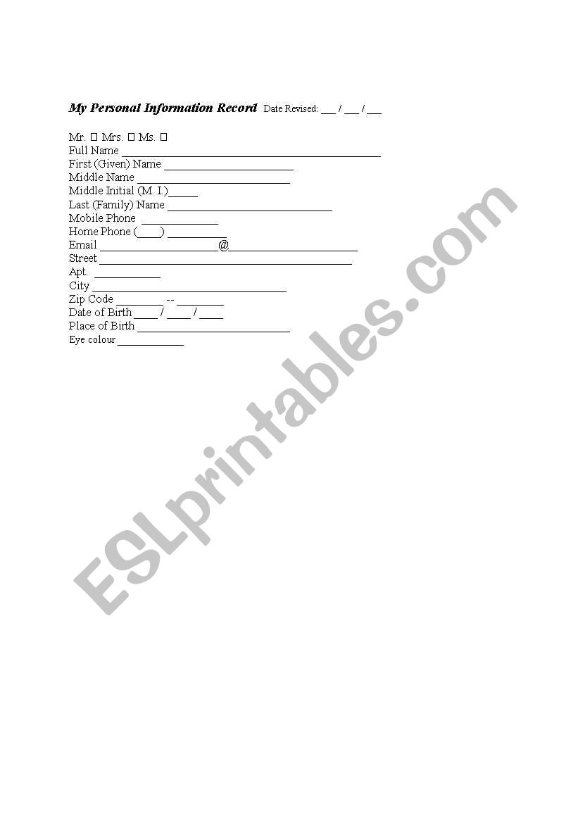 Personal information sheet worksheet